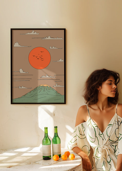 Ilustração japonesa com amanhecer e monte estilizado – Product1