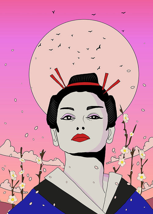Ilustração de geisha japonesa com lua rosa