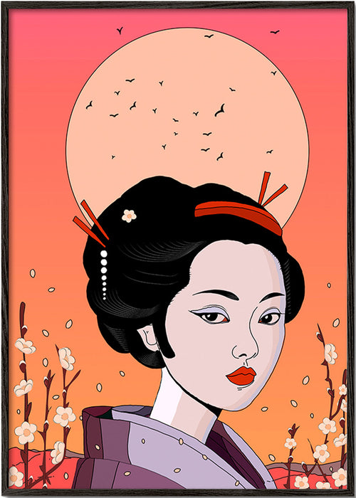 Ilustração Geisha ao Pôr-do-Sol Coral – Black Frame