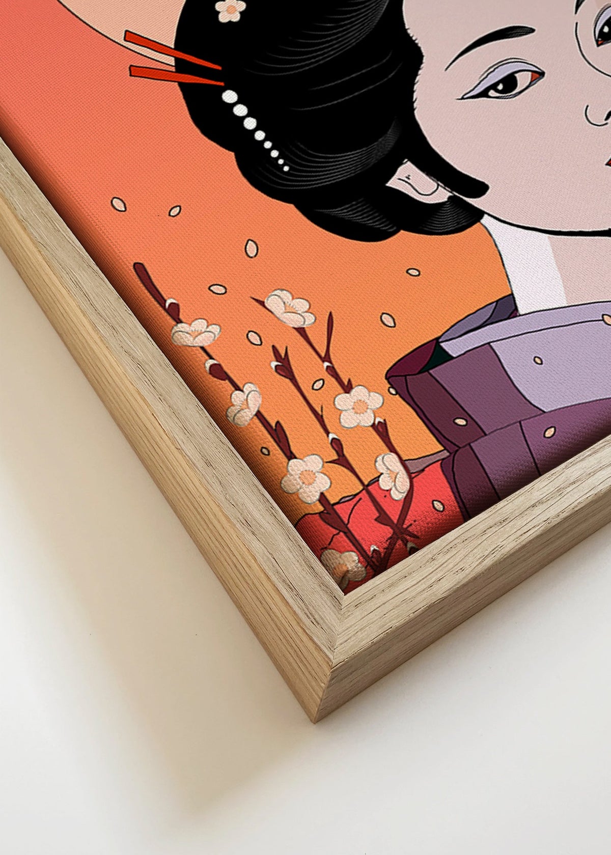 Ilustração Geisha ao Pôr-do-Sol Coral – Canvas detail