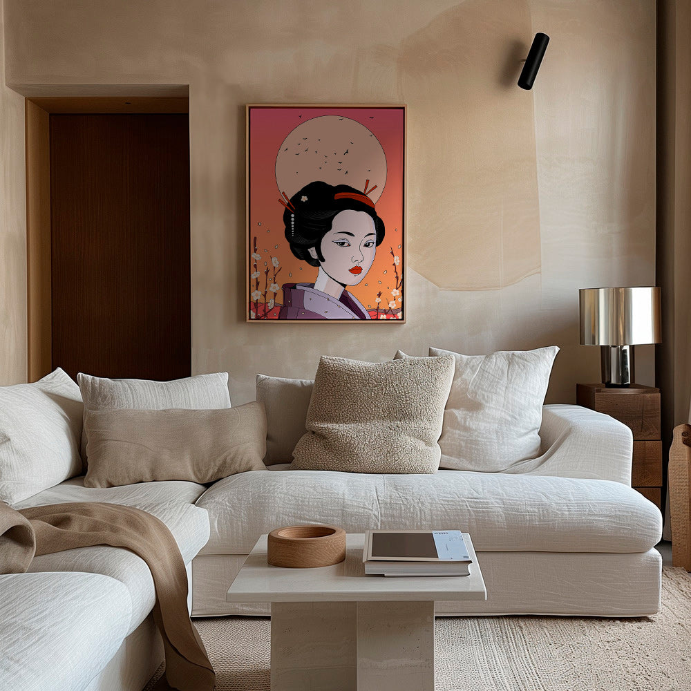 Ilustración geisha en atardecer coral – Canvas2
