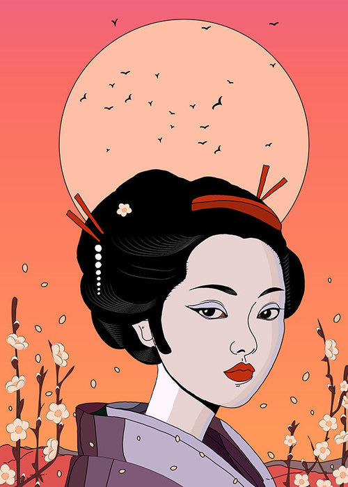 Ilustração Geisha ao Pôr-do-Sol Coral