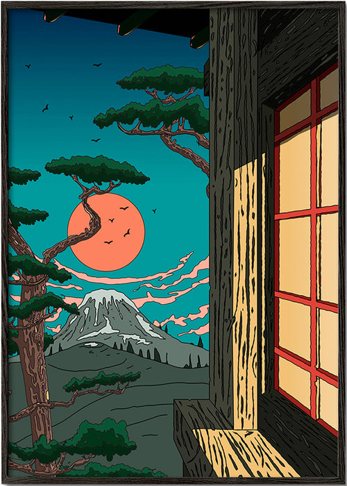 Quadro de paisagem com pinheiro e montanha ao pôr-do-sol – Black Frame