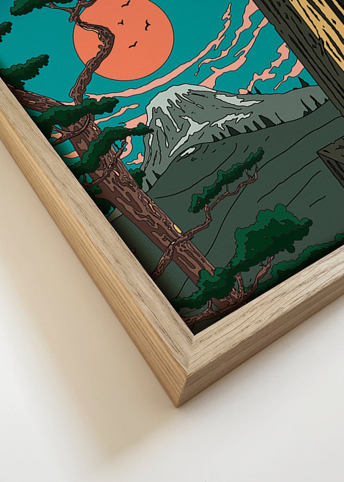 Quadro de paisagem com pinheiro e montanha ao pôr-do-sol – Canvas detail