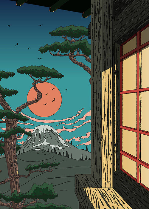 Quadro de paisagem com pinheiro e montanha ao pôr-do-sol