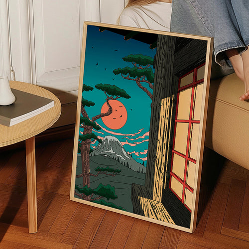 Quadro de paisagem com pinheiro e montanha ao pôr-do-sol – Product1