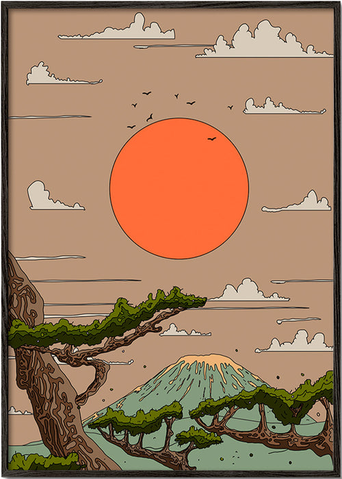 Quadro de paisagem com sol laranja e pinheiros estilizados – Black Frame