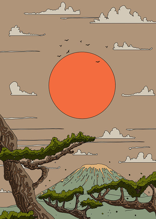 Quadro de paisagem com sol laranja e pinheiros estilizados