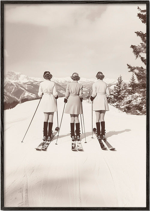 Poster vintage: esquiadoras em fila – Black Frame
