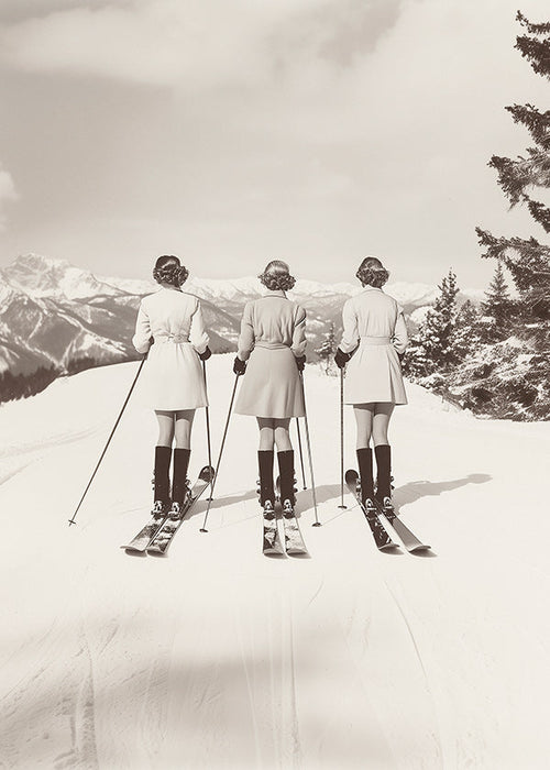 Poster vintage: esquiadoras em fila