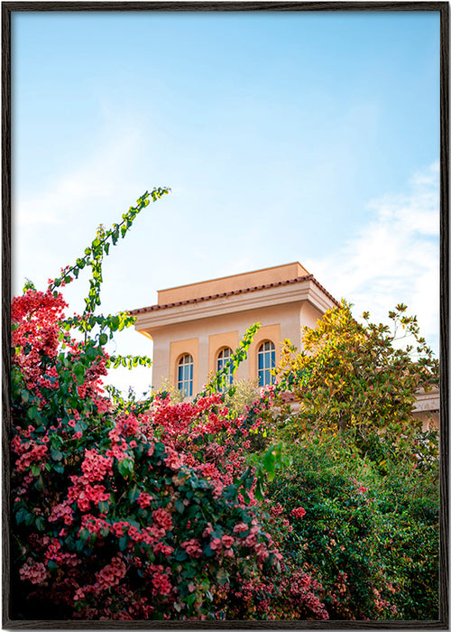 Estampa botânica com fachada de Amalfi e buganvília – Black Frame
