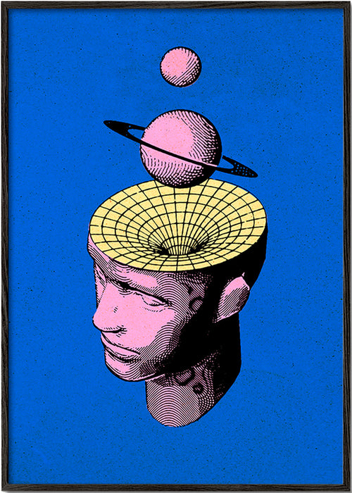 Ilustração surreal de busto com planetas – Black Frame