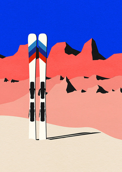 Quadro desportivo com esquis sobre paisagem montanhosa geométrica