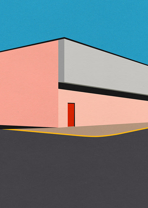 Ilustração minimalista de fachada com porta vermelha