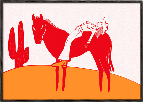 Quadro cowgirl descansando sobre cavalo vermelho – Black Frame