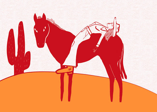 Quadro cowgirl descansando sobre cavalo vermelho