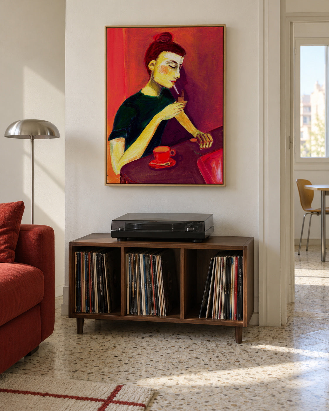 Lady lighting cigarette - Framed canvas in an interior