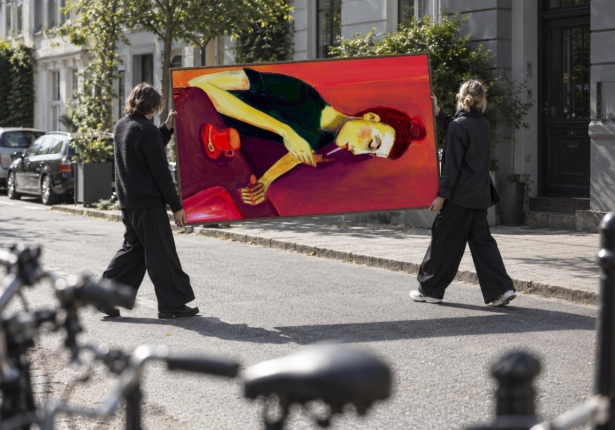 Lady lighting cigarette - Framed canvas in an interior