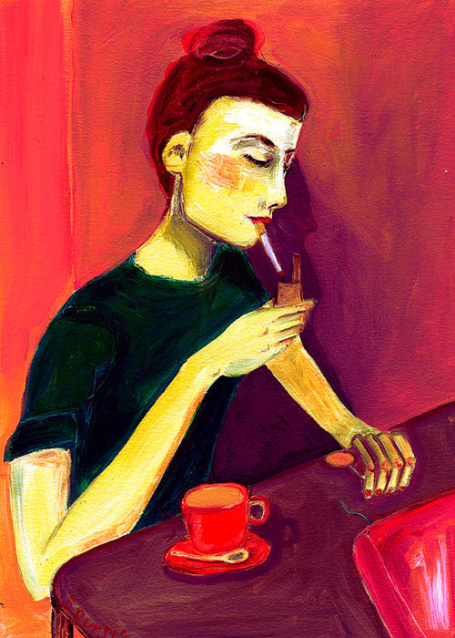 Ilustração mulher fumando com xícara vermelha