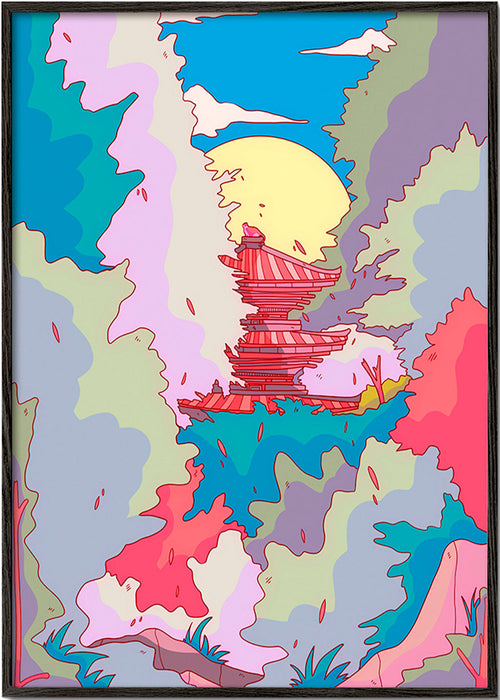 Ilustração de templo japonês em cores vibrantes – Black Frame