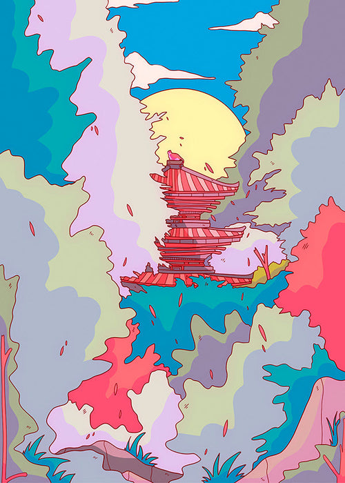 Ilustração de templo japonês em cores vibrantes