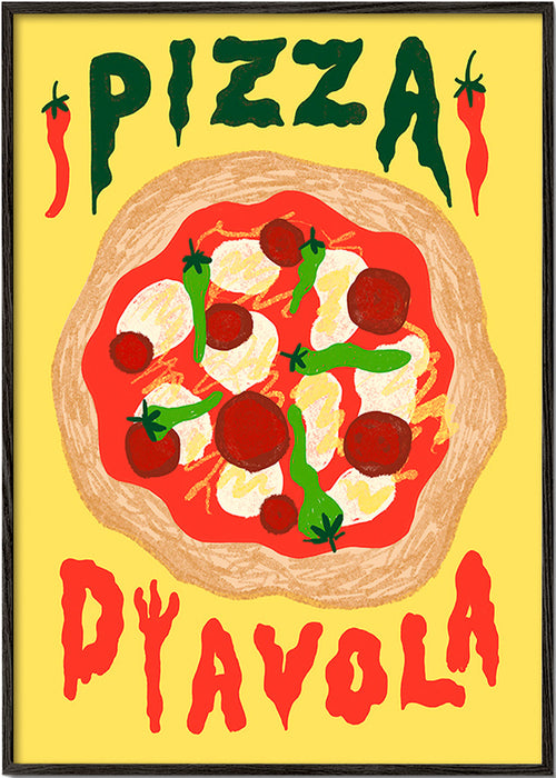 Arte para cozinha: Ilustração Pizza Diavola – Black Frame