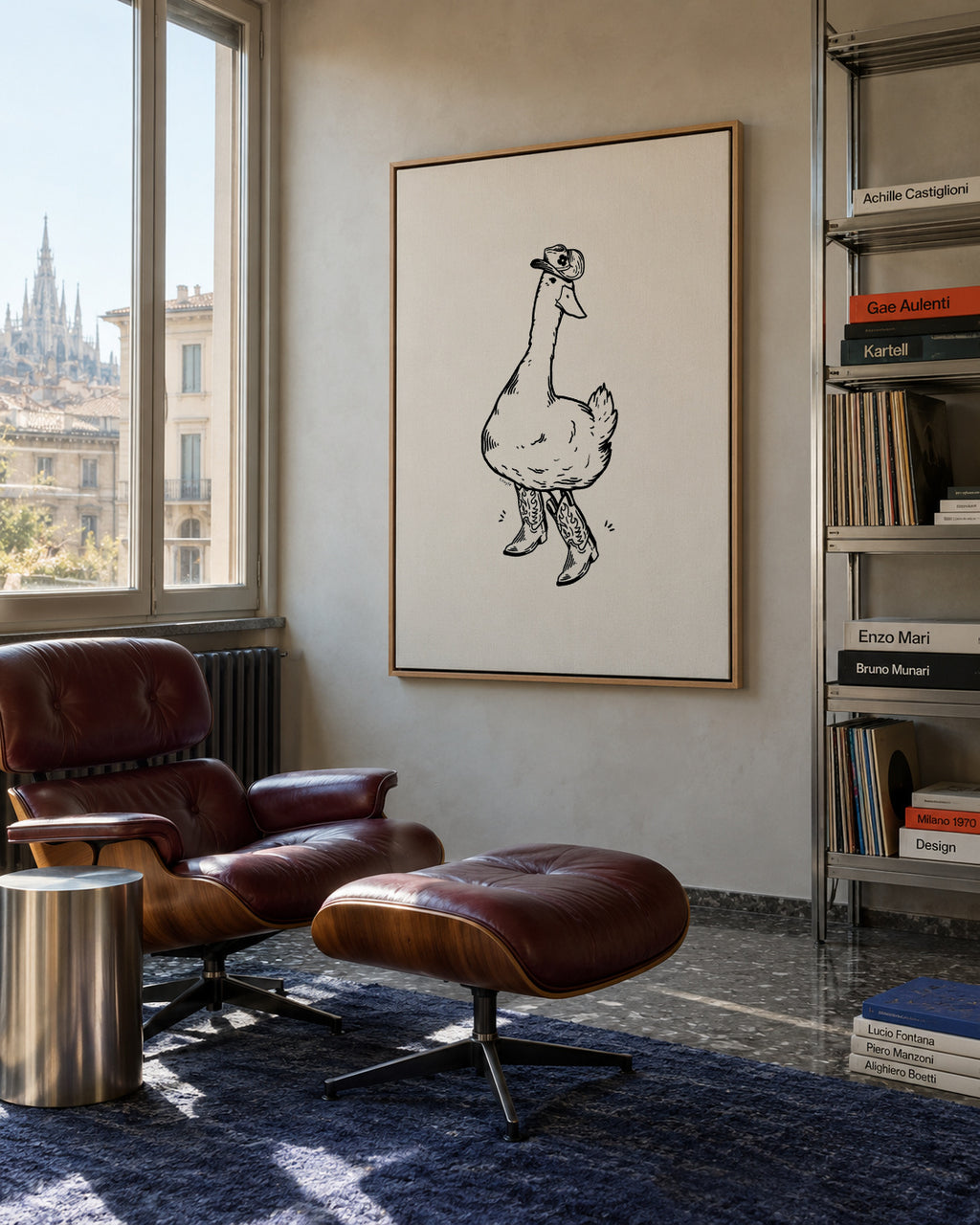 Duck wearing Western Boots - Framed canvas in an interior