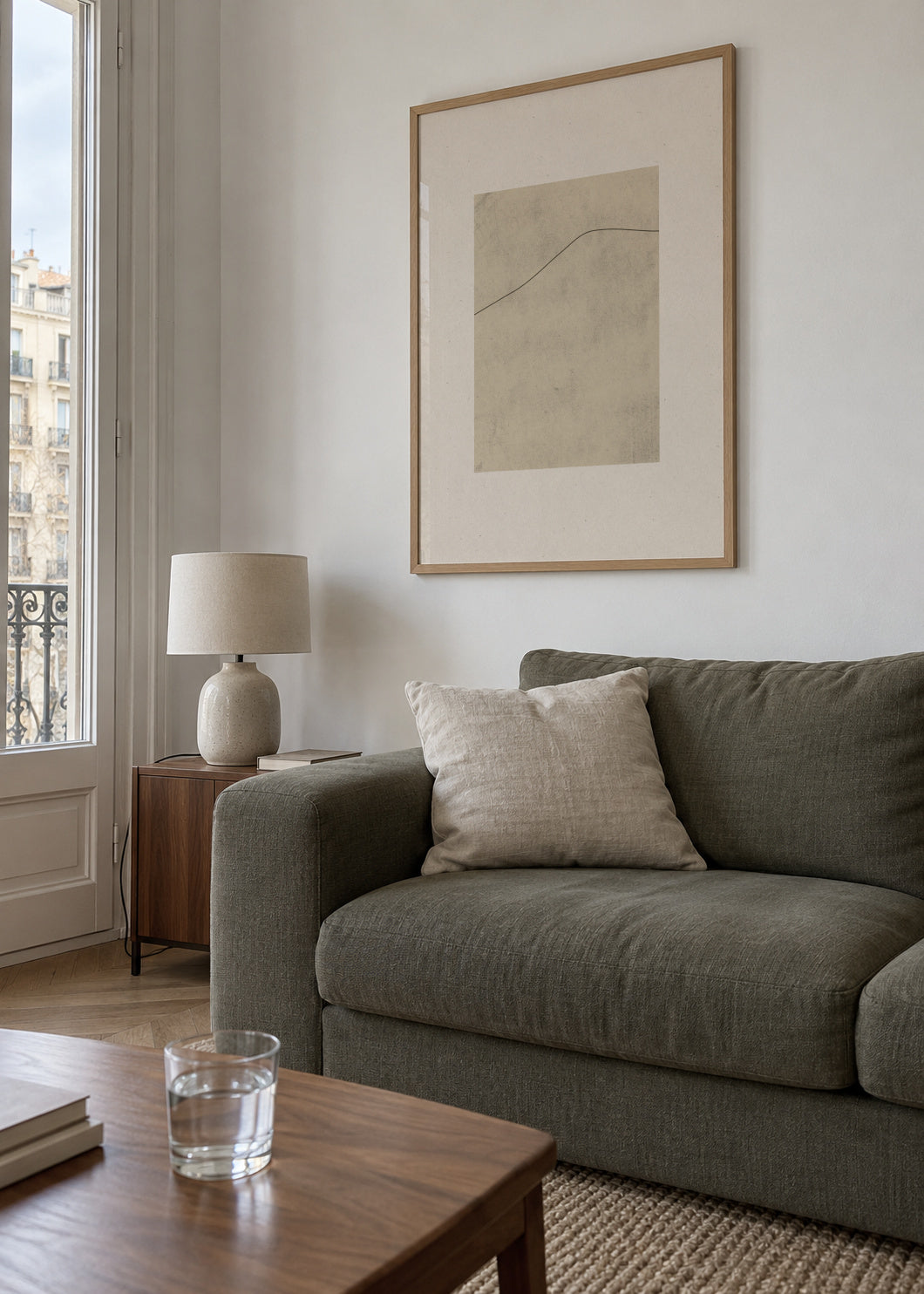 Line on Whispered Beige - Framed poster in an interior