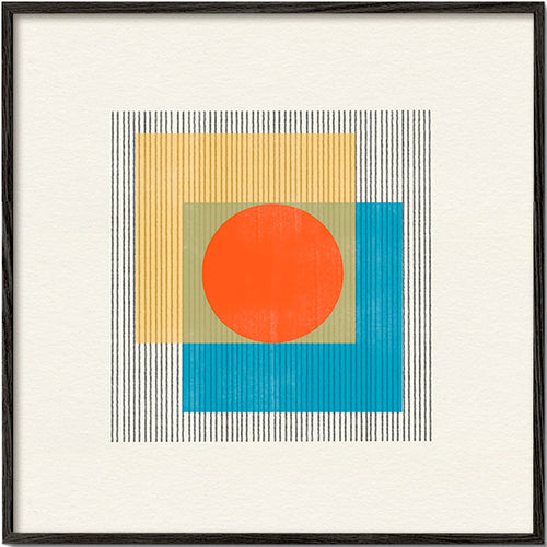 Quadro geométrico com círculo central e quadrados sobrepostos – Black Frame