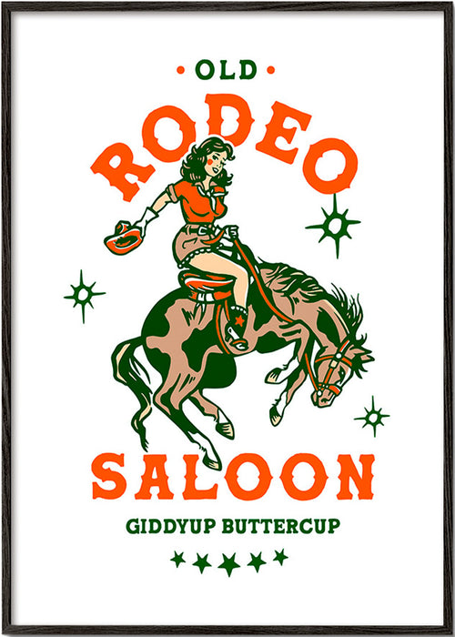 Poster vintage rodeo com cowgirl ilustrada – Black Frame