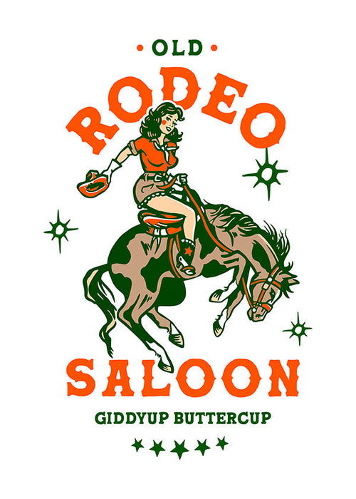 Poster vintage rodeo com cowgirl ilustrada
