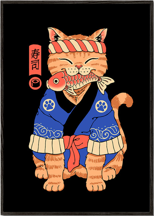 Quadro gato ilustrado japonês com peixe – Black Frame