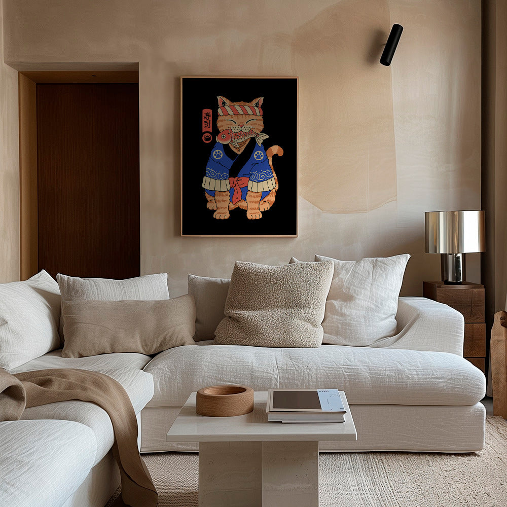 Cuadro gato ilustrado japonés con pez – Canvas1