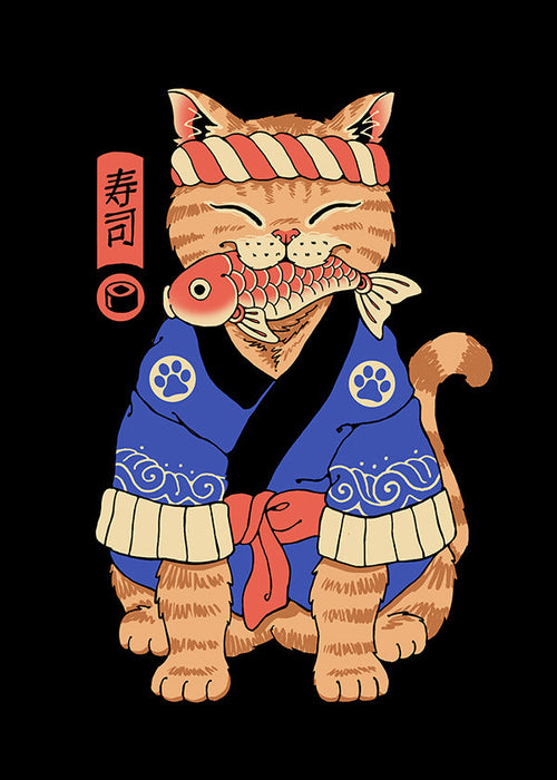 Quadro gato ilustrado japonês com peixe