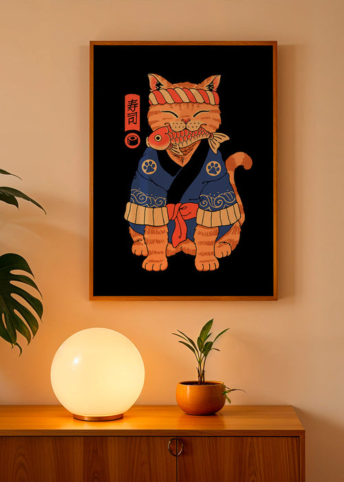 Quadro gato ilustrado japonês com peixe – Product1