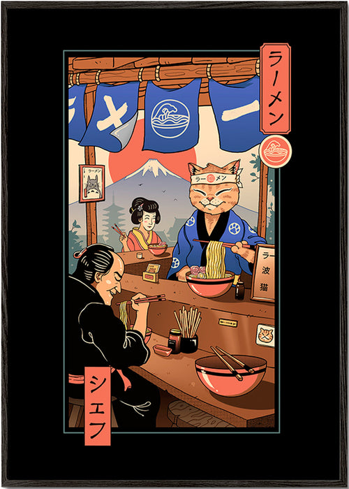Arte para cozinha Ramen Meowster, gato ramen ilustrado – Black Frame