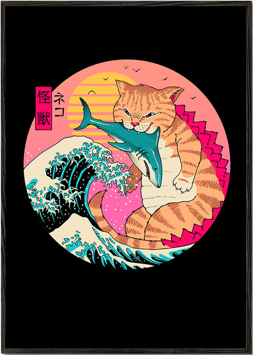 Ilustração gato kaiju com onda – Black Frame