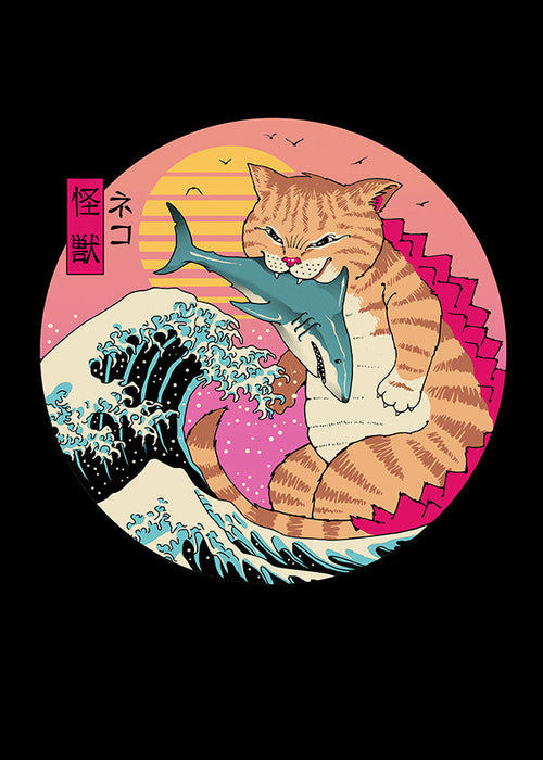 Ilustração gato kaiju com onda