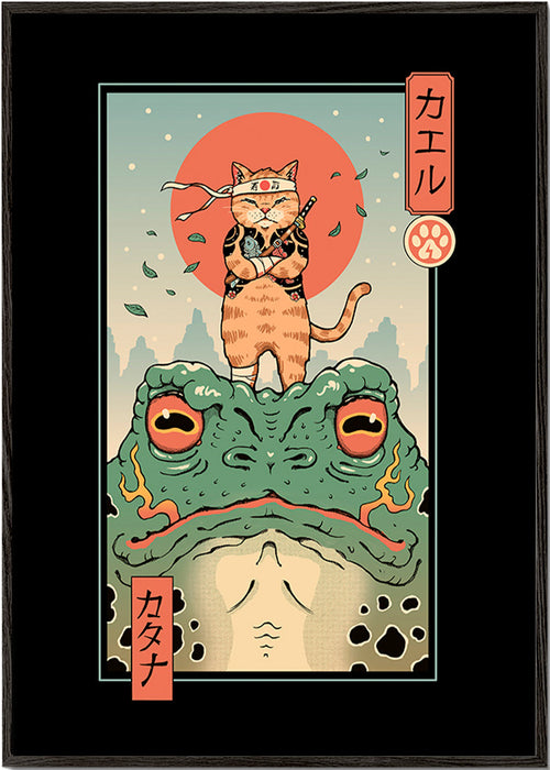Quadro gato samurai sobre rã – Black Frame