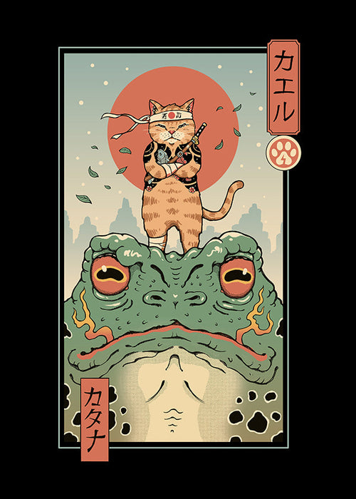 Quadro gato samurai sobre rã