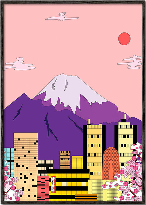 Quadro de cidade com Fuji e sakura – Black Frame