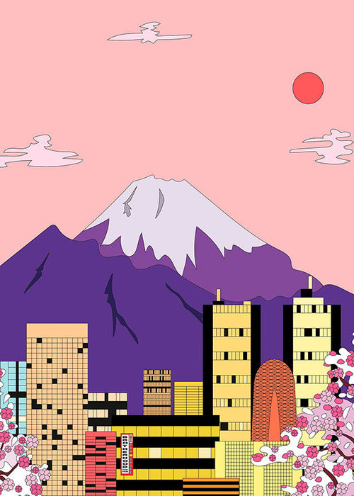 Quadro de cidade com Fuji e sakura