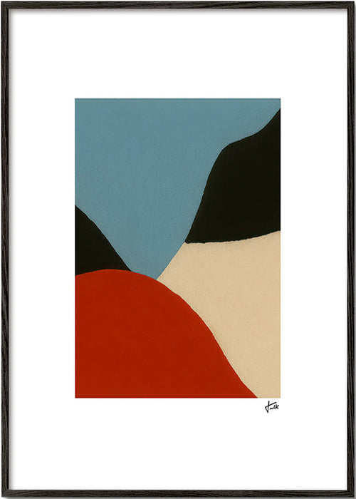 Quadro abstrato com formas orgânicas terracota e azul – Black Frame