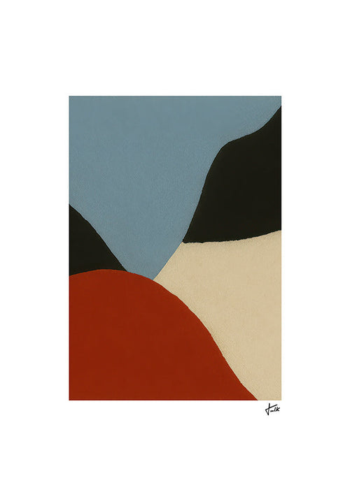 Quadro abstrato com formas orgânicas terracota e azul