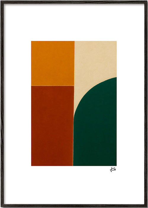 Quadro geométrico com arco verde e blocos ocre – Black Frame