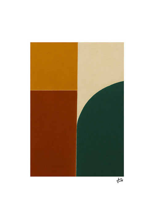 Quadro geométrico com arco verde e blocos ocre