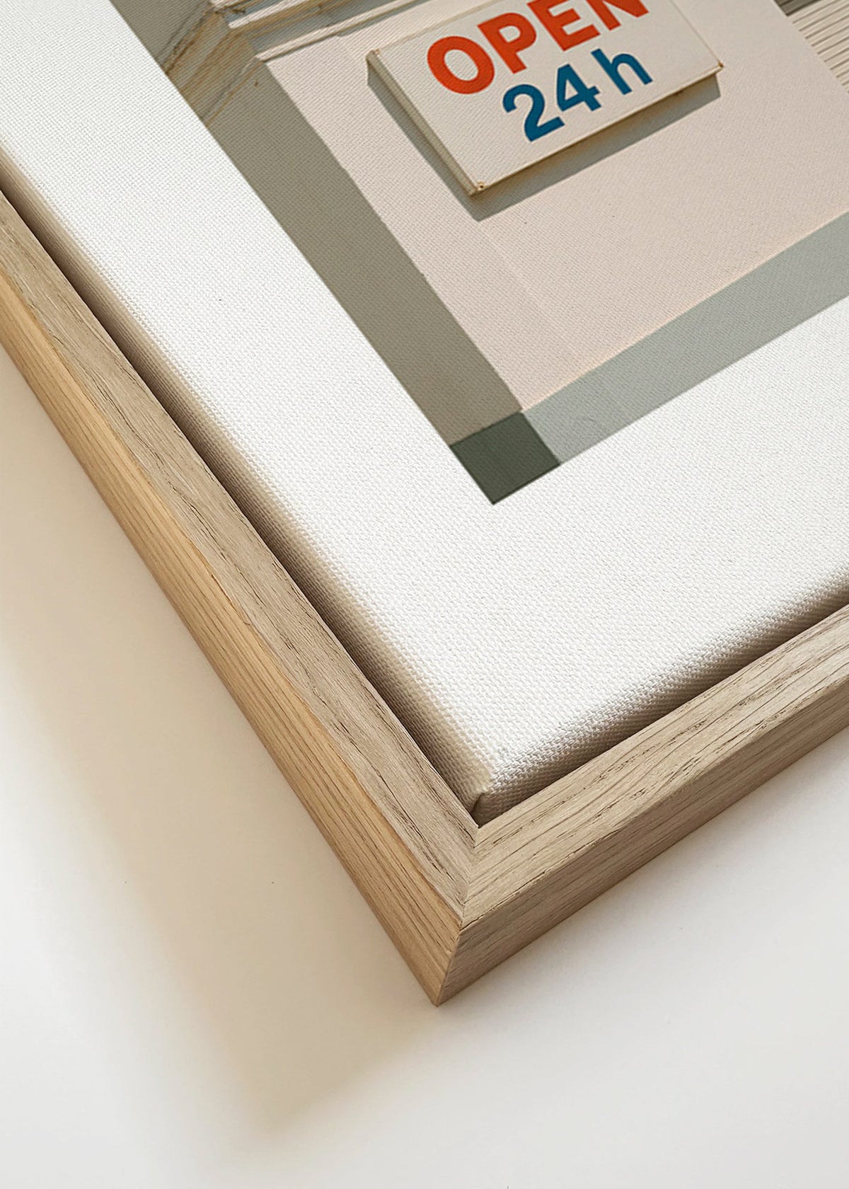 Poster minimal fachada com placa OPEN 24h – Canvas detail