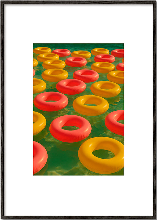 Quadro geométrico com anéis flutuantes vermelhos e amarelos – Black Frame