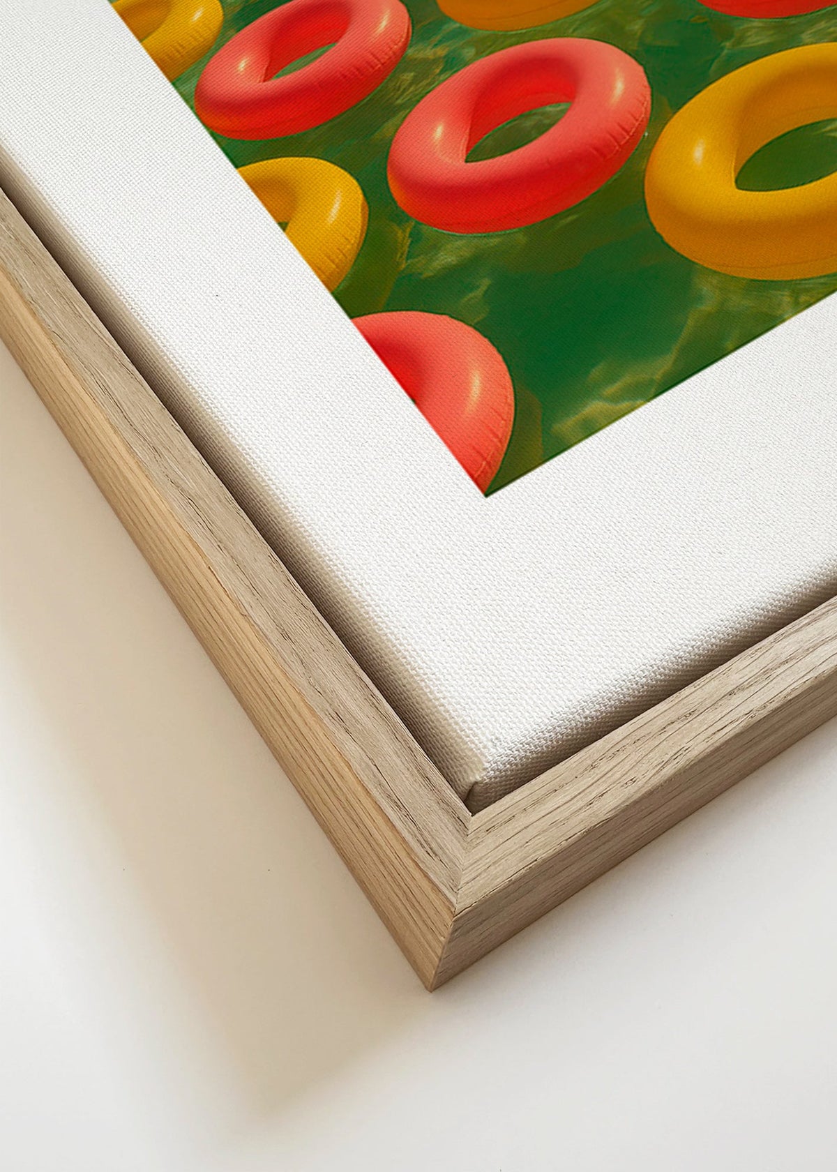 Quadro geométrico com anéis flutuantes vermelhos e amarelos – Canvas detail