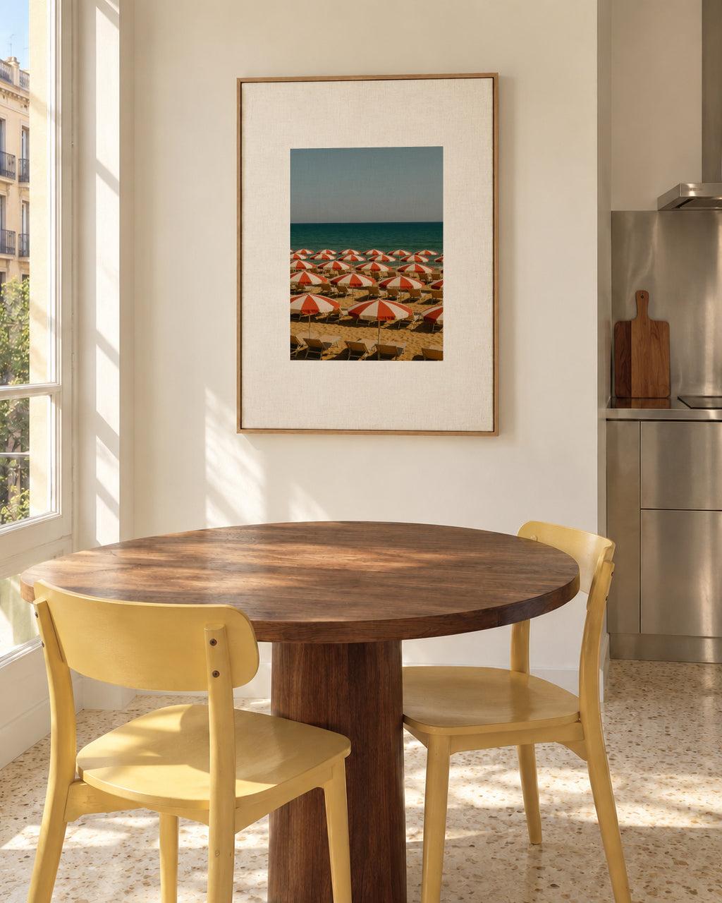 Red Umbrellas - Framed canvas in an interior